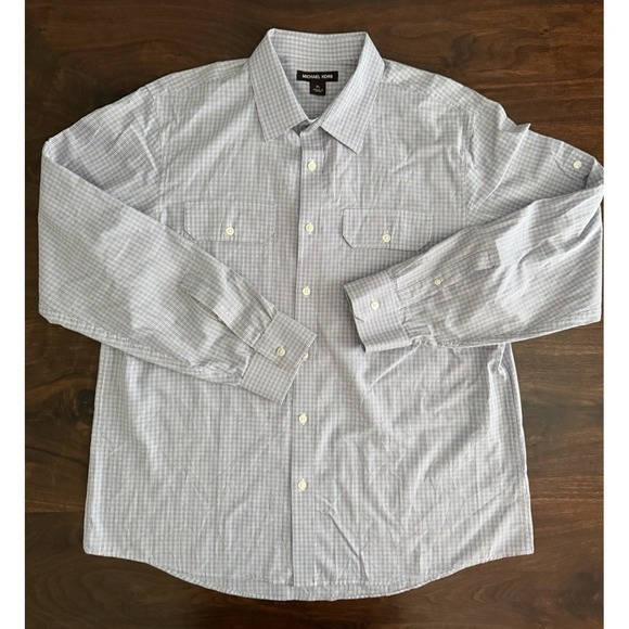 Michael Kors Mens XL Button up Long Sleeve Shirt with Roll up Tabs Check Pattern - Picture 3 of 4